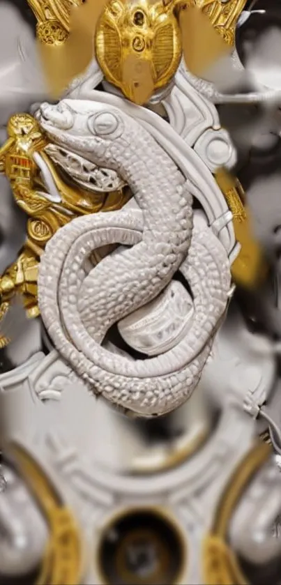 Intricate white snake with gold accents mobile wallpaper.