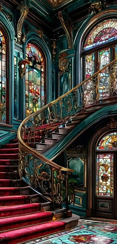 Elegant staircase with stained glass windows and golden railings.