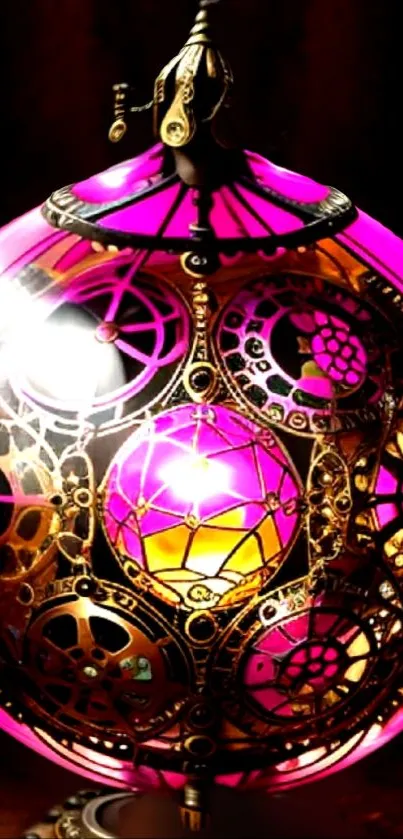 Vibrant steampunk globe with gears and pink glow.