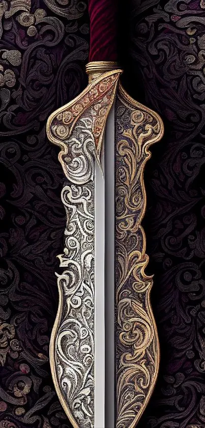 Intricate ornate sword on a dark background.