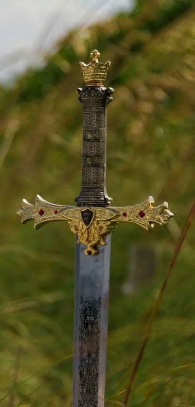 Ornate sword standing in lush green nature with intricate details.