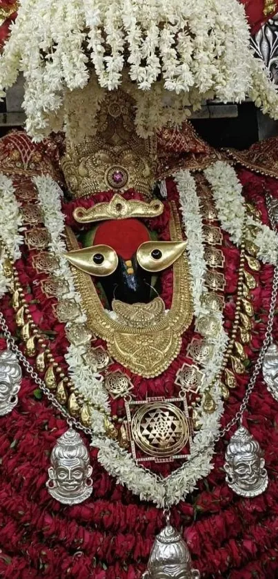 Ornate deity with floral and gold decorations.