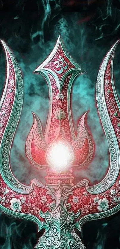 Ornate trident with teal background and red accents wallpaper.