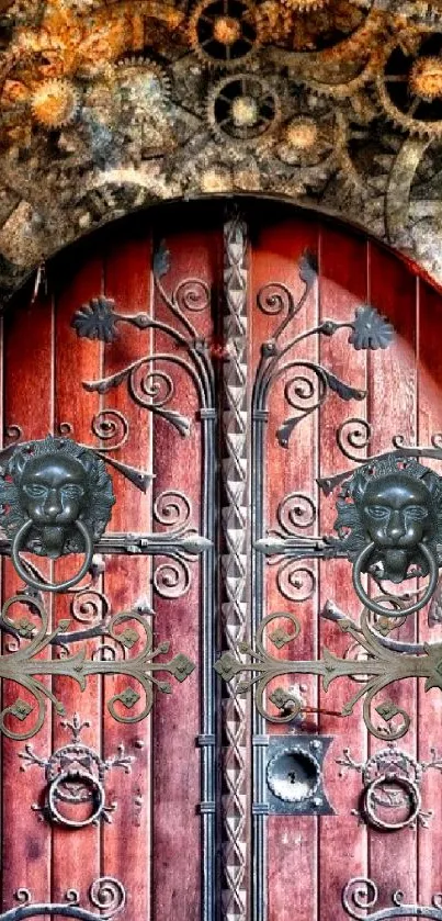 Intricate vintage door with ornate details and gear accents for mobile wallpaper.