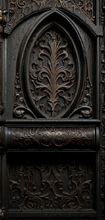 Intricate carved wooden door with ornate details and rich brown tones.