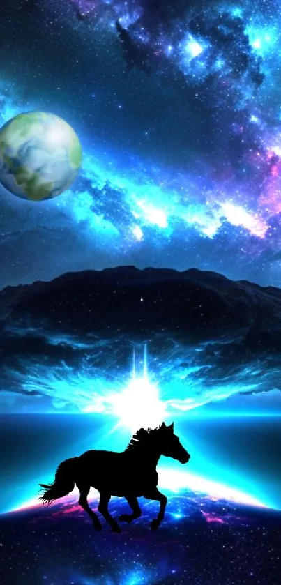 Majestic horse in cosmic galaxy scene with vibrant blue tones.