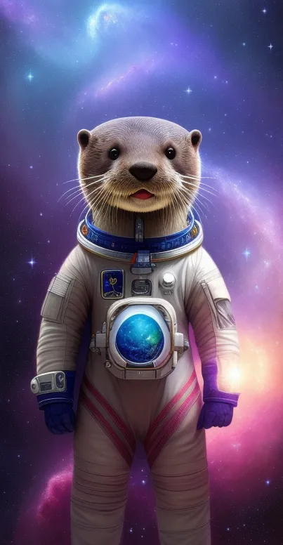 Whimsical otter astronaut in space suit with vibrant cosmic background.