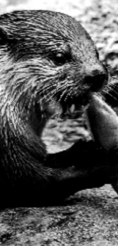 Black and white image of otter eating.