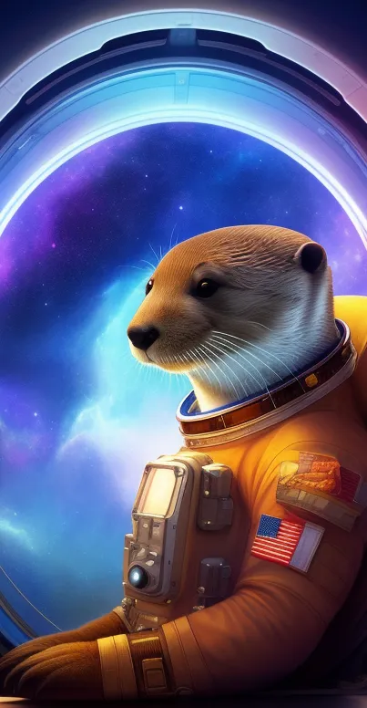 Otter in spacesuit gazing at stars in a cosmic backdrop.