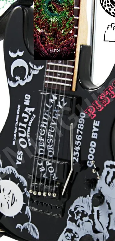 Black Ouija-themed guitar with dark artistic designs.