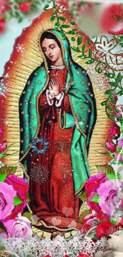 Our Lady of Guadalupe with vibrant flowers and intricate patterns.