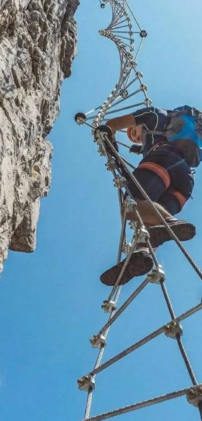 Person climbing a rope ladder on a mountain with a blue sky backdrop.