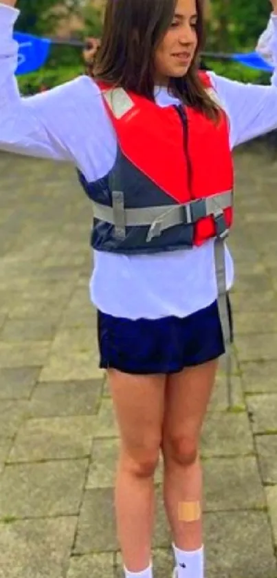 Woman in red life jacket outdoors.