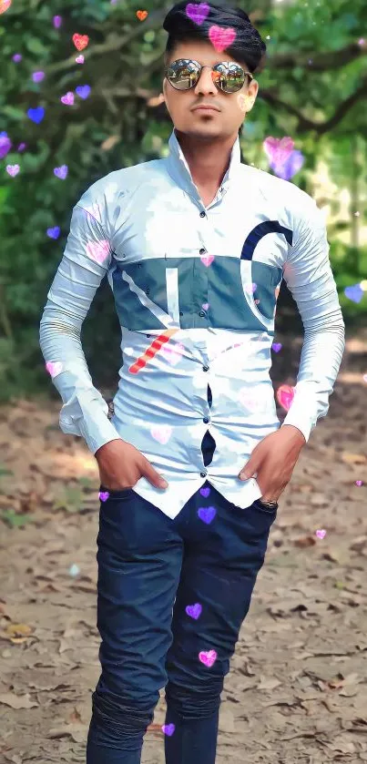 Man in stylish attire standing outdoors with green background.