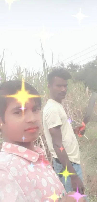 An outdoor selfie taken in a lush field with pastel tones and greenery.