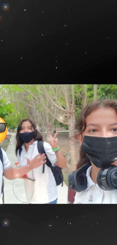 Friends taking an outdoor selfie with trees in the background.