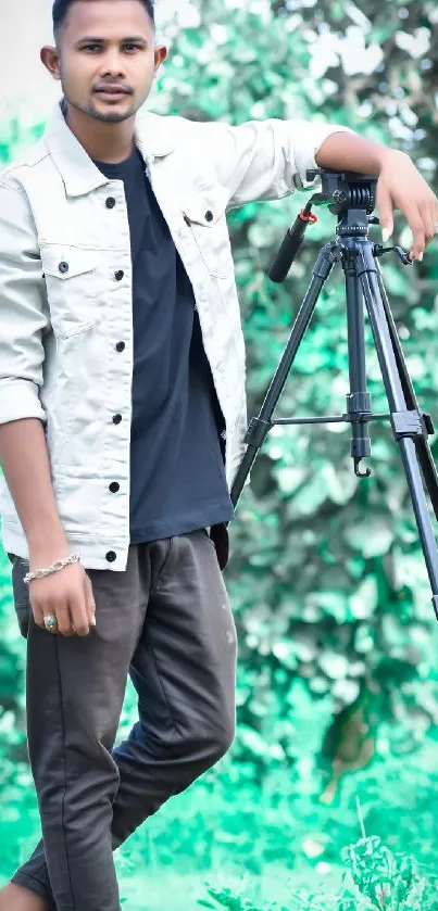 Stylish young man posing with a tripod in a vibrant green setting.