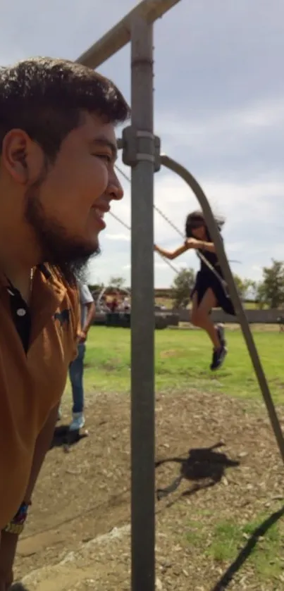 Friends enjoying a day at the playground, captured in a vibrant scene.