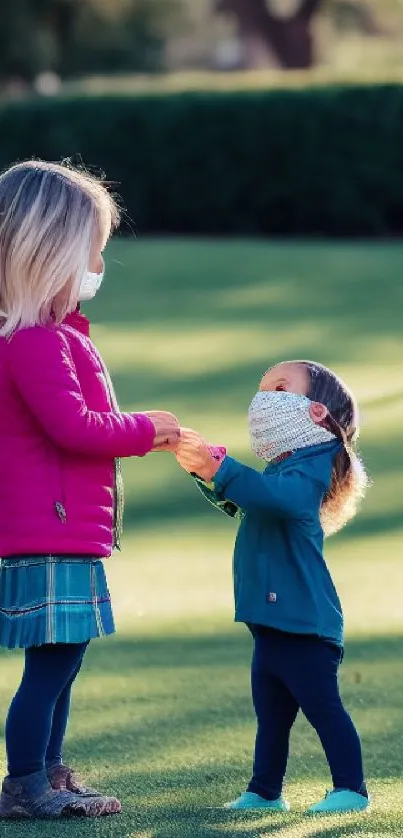 Two children playing outdoors on green grass, wearing masks.