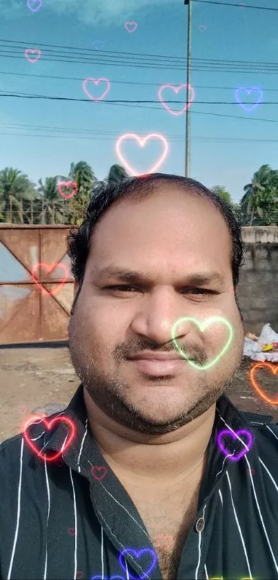 Portrait in front of gate with blue sky and greenery in background.