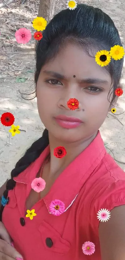 Outdoor portrait of a person in a red shirt amidst nature.