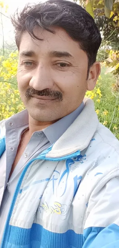 Man posing outdoors with floral and leafy background.