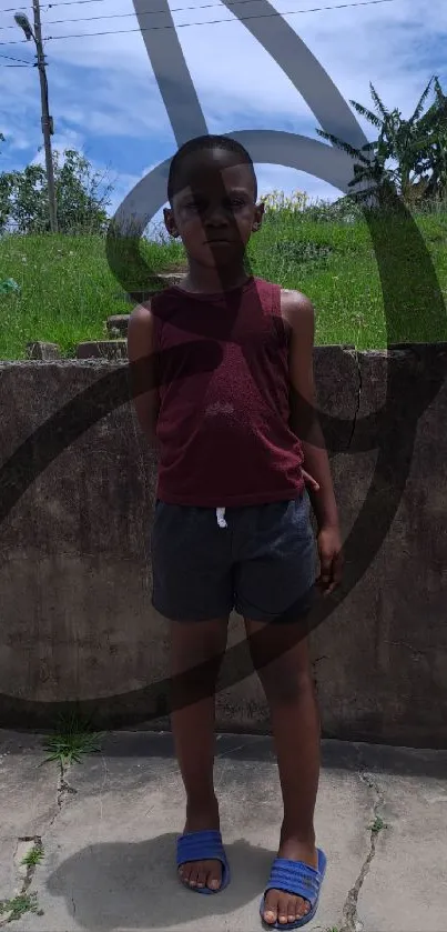 Child standing outside with lush greenery and clear sky background.