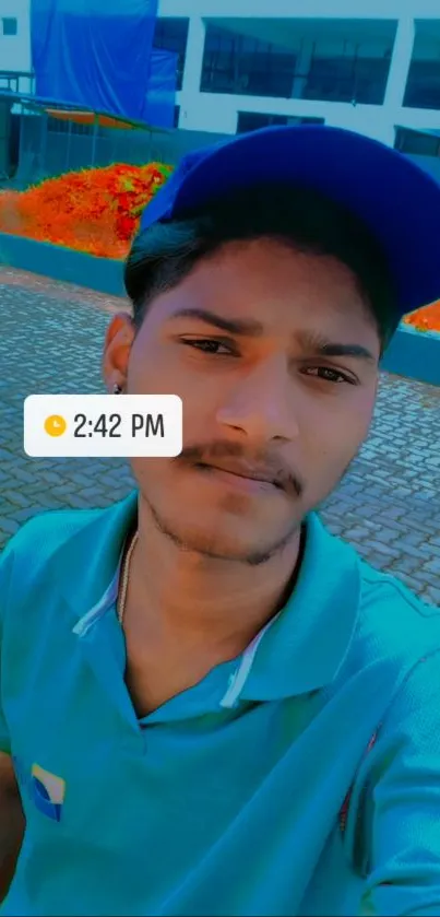 Young man taking a colorful selfie outdoors with a blue cap and bright backdrop.