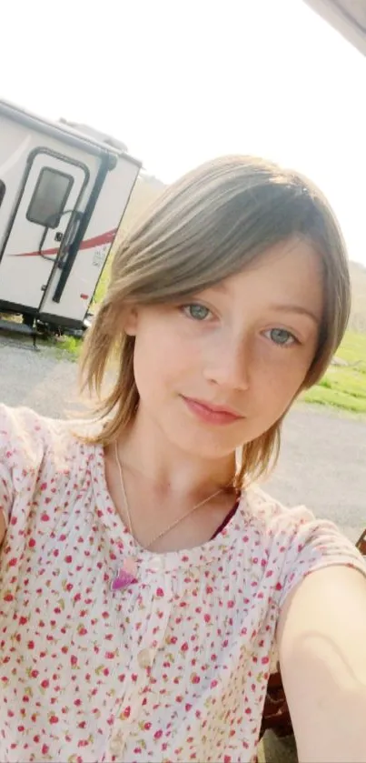 Young girl smiling outside with camper in background.