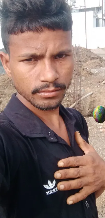 Selfie in construction site with colorful egg detail.