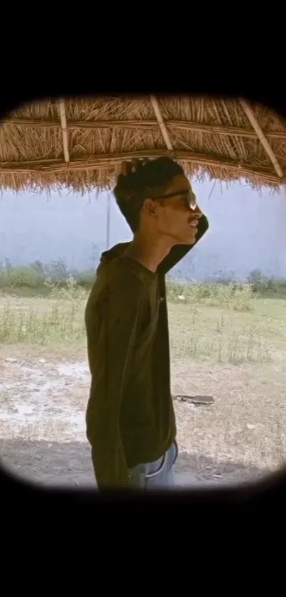 Person in sunglasses under a rustic shade outdoors.