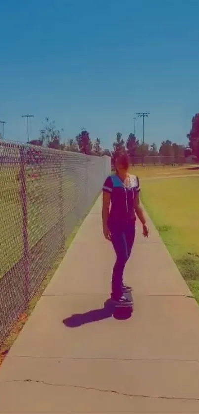 Person skateboarding in a sunny park with blue sky.