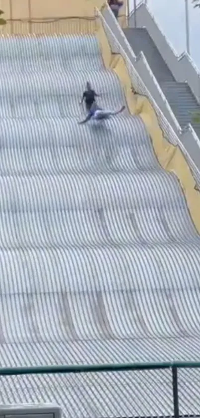 Person sliding down a large outdoor slide with stairs.