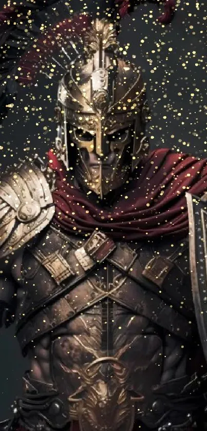 Artistic depiction of an ancient armored warrior with gold accents.