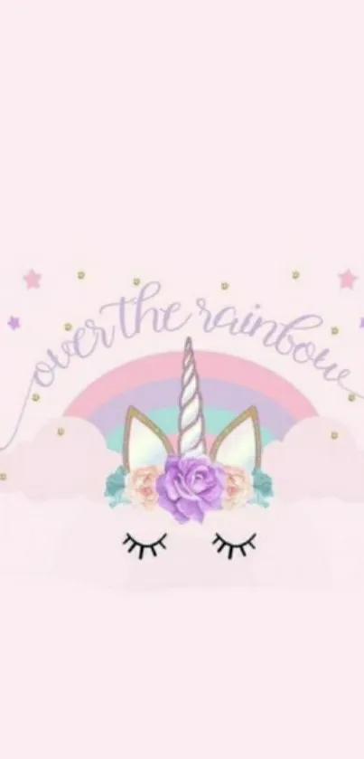 Cute unicorn with rainbow on light pink background.