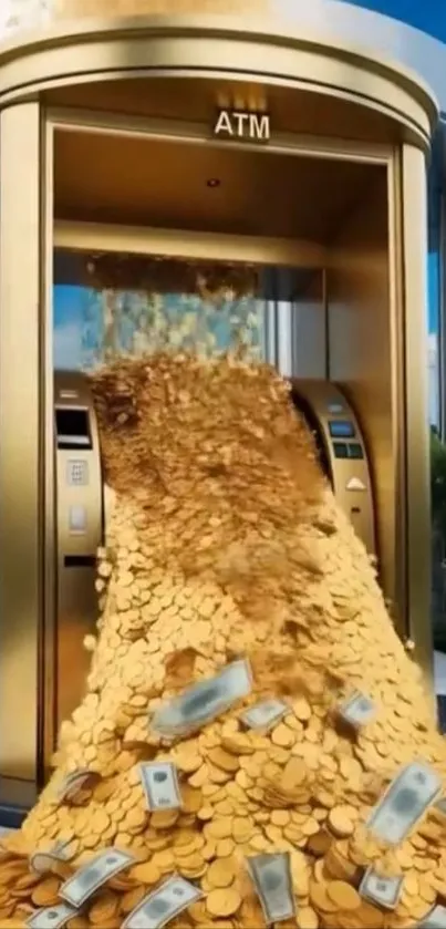 ATM overflowing with gold coins and cash on a mobile wallpaper.