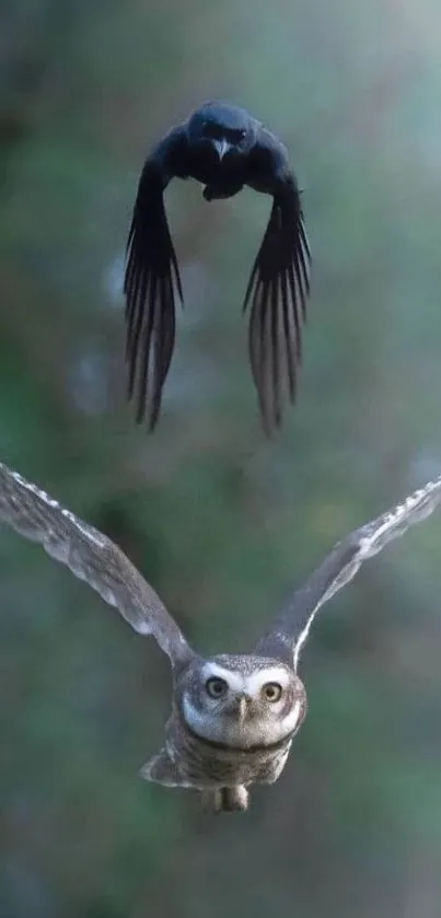 Owl and crow flying in forest wallpaper.