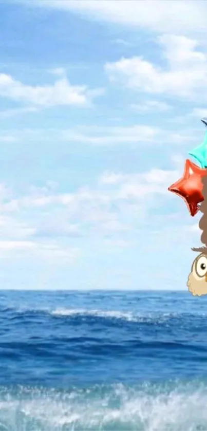 Cartoon owl with star balloons by the ocean.