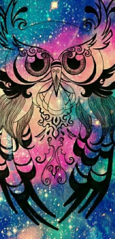 Intricate owl design on a vibrant galaxy background.