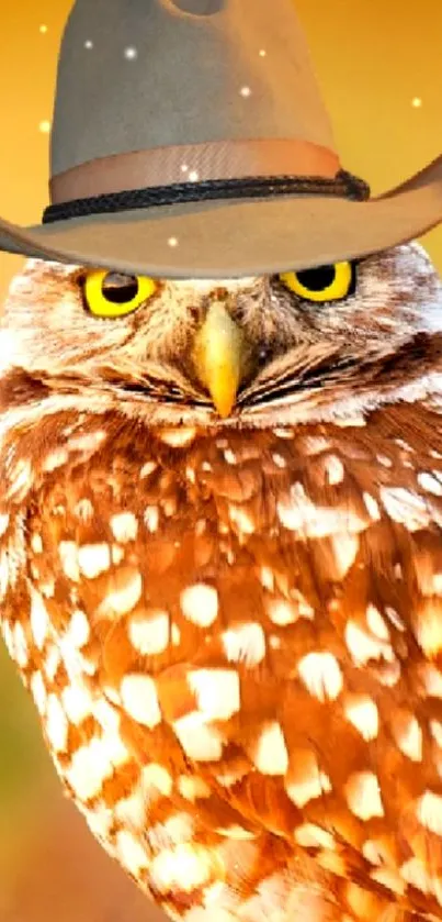 Whimsical owl wearing a cowboy hat in a natural setting wallpaper.