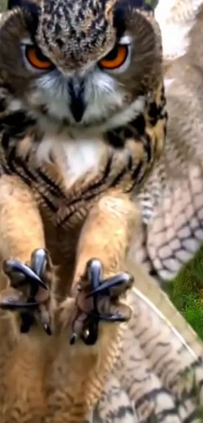 Majestic owl with orange eyes in flight, showcasing feather detail.