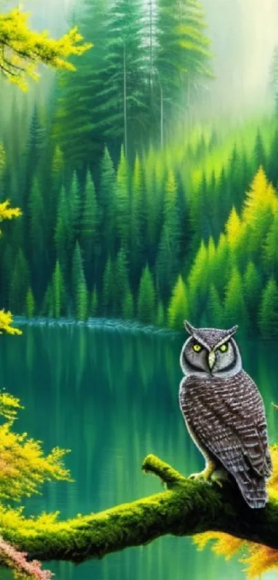 Owl on a branch in a lush green forest with a tranquil lake.