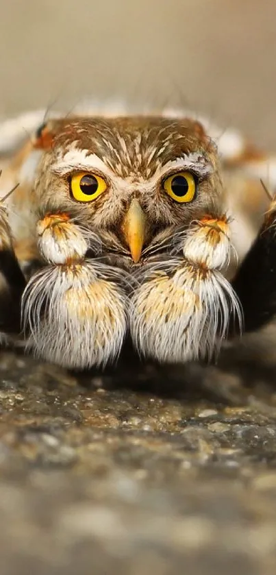 Close-up of an owl-like jumping spider on a textured surface.