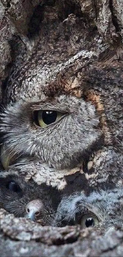 Owl camouflaged in tree bark with peeking eyes.