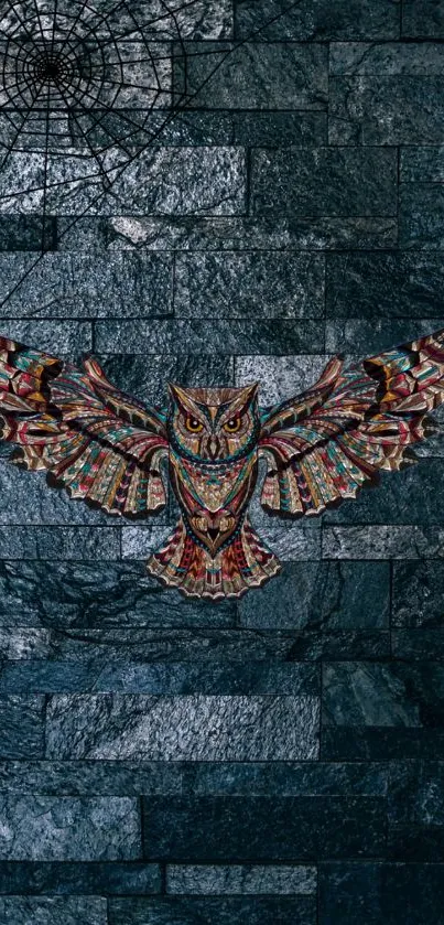 Intricate owl art on dark stone wall background.