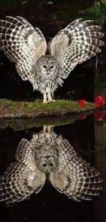 Owl with wings spread reflecting in tranquil forest pond.