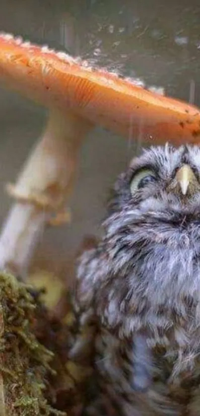 Cute owl hides under an orange mushroom in a forest scene.