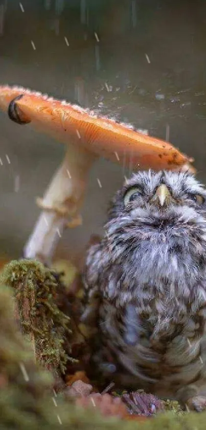 Owl taking shelter under an orange mushroom in a rainy forest scene.