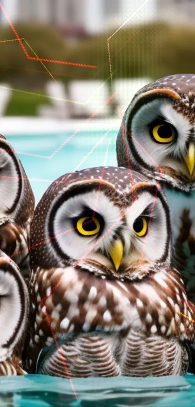 Group of owls with sharp yellow eyes near a pool, vivid wildlife wallpaper.