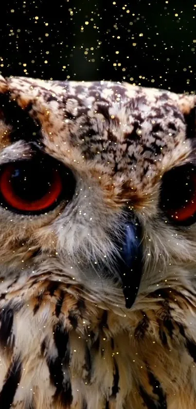 A close-up of an owl with glowing red eyes set against a starry night background.